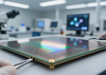 Una capa de 0,42 nanómetros podría abrir la puerta a los transistores del futuro, más allá del silicio 2 Oblea de silicio con patrones iridiscentes en laboratorio de semiconductores, mano con guante sosteniendo pinzas de precisión