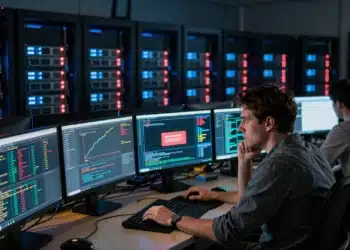 Analista de ciberseguridad solo ante monitores con alertas en sala de servidores oscura durante ataque de IA