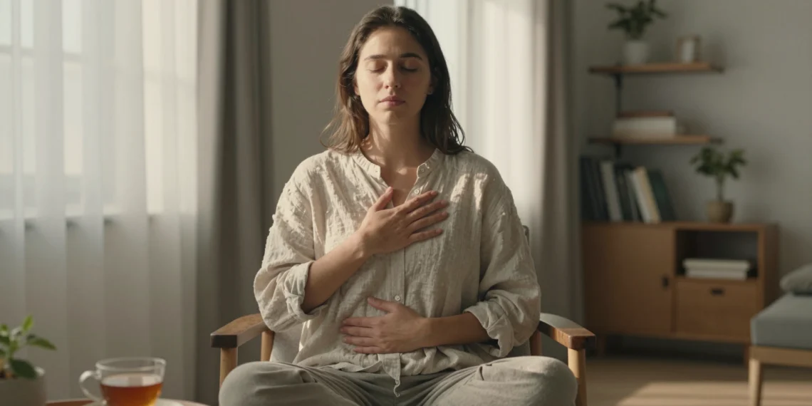Cada vez más expertos recomiendan las técnicas de respiración y relajación como primera línea contra el estrés cotidiano 1 Mujer joven practicando respiración diafragmática junto a ventana soleada para reducir el estrés cotidiano