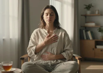 Cada vez más expertos recomiendan las técnicas de respiración y relajación como primera línea contra el estrés cotidiano 4 Mujer joven practicando respiración diafragmática junto a ventana soleada para reducir el estrés cotidiano