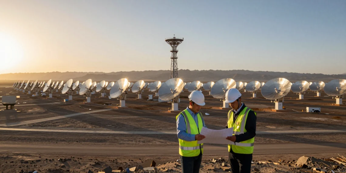 Una empresa alemana de ingeniería solar consiguió lo que pocas compañías occidentales han logrado: instalarse en el mercado energético chino 1 Ingenieros alemán y chino revisan planos frente a una planta solar de torre con heliostatos en China