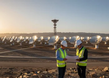 Una empresa alemana de ingeniería solar consiguió lo que pocas compañías occidentales han logrado: instalarse en el mercado energético chino 1 Ingenieros alemán y chino revisan planos frente a una planta solar de torre con heliostatos en China