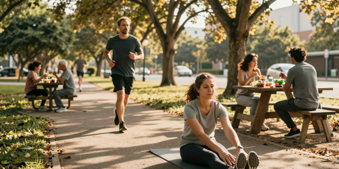 Hábitos de vida saludables que los expertos recomiendan adoptar antes de que el cuerpo empiece a pedir auxilio 1 Grupo de personas practicando hábitos saludables en un parque urbano: yoga, running y alimentación equilibrada al atardecer