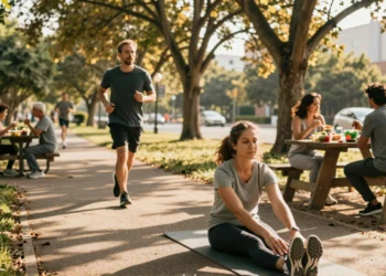 Hábitos de vida saludables que los expertos recomiendan adoptar antes de que el cuerpo empiece a pedir auxilio 7 Grupo de personas practicando hábitos saludables en un parque urbano: yoga, running y alimentación equilibrada al atardecer