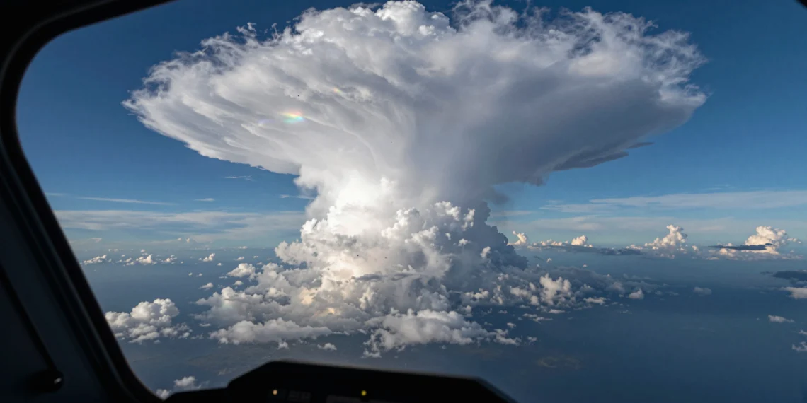 Dentro de ciertas nubes tropicales se esconde un "combustible" invisible que podría estar alimentando tormentas más intensas de lo que creíamos 1 Aeronave científica sobrevolando el Pacífico tropical ante una torre de cumulonimbus con energía oculta