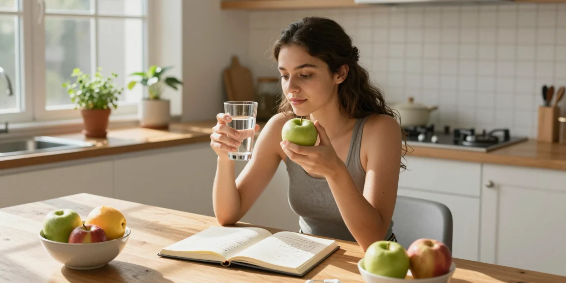 Hábitos saludables en inglés: la guía completa de vocabulario, frases y rutinas para cuidarte en otro idioma 1 Mujer joven con agua y manzana en cocina luminosa, junto a cuaderno con frases en inglés sobre hábitos saludables