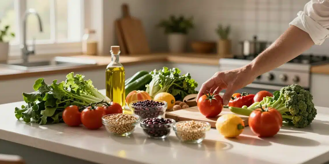 Más allá del peso: los beneficios de una alimentación saludable que la ciencia lleva años confirmando en silencio 1 Mano alcanzando un tomate fresco rodeado de verduras, frutas, legumbres y aceite de oliva en una cocina iluminada