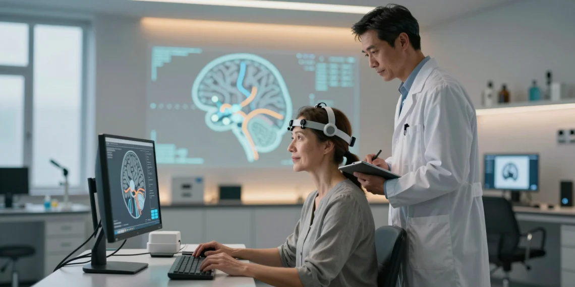 Neurociencias y psicología juntas revelan cómo el cerebro puede reaprender tras una lesión 1 Paciente con casco EEG en sesión de rehabilitación neurológica junto a un neuropsicólogo en laboratorio clínico