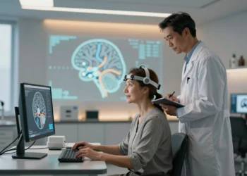 Neurociencias y psicología juntas revelan cómo el cerebro puede reaprender tras una lesión 9 Paciente con casco EEG en sesión de rehabilitación neurológica junto a un neuropsicólogo en laboratorio clínico