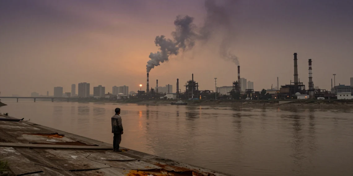 Contaminación ambiental: cómo cada rincón del planeta —aire, agua, suelo y ciudades— acumula décadas de presión humana sin descanso 1 Obrero solitario frente a río contaminado con humo de fábricas y smog sobre ciudad industrial al atardecer