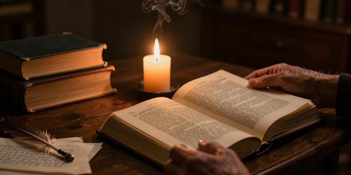 Una sola palabra, más de treinta significados: lo que el 'fuego' del diccionario de la RAE dice sobre nuestra historia y nuestra mente 1 Mano anciana sosteniendo un diccionario de la RAE abierto junto a una vela encendida sobre un escritorio con libros y notas