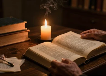 Mano anciana sosteniendo un diccionario de la RAE abierto junto a una vela encendida sobre un escritorio con libros y notas