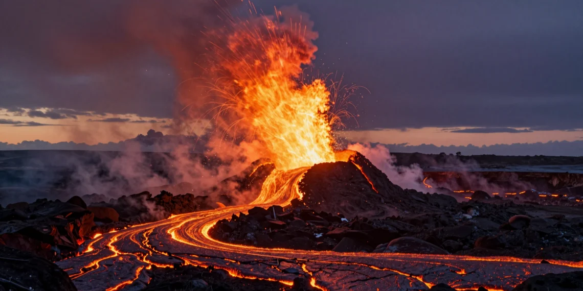 Magma sobrecalentado retrasa la formación de cristales más de ocho horas y podría ser la clave detrás de las grandes fuentes de lava volcánica 1 Fuente de lava volcánica incandescente erupciona al atardecer sobre terreno basáltico con ríos de magma fundido