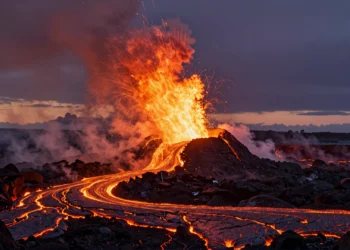 Magma sobrecalentado retrasa la formación de cristales más de ocho horas y podría ser la clave detrás de las grandes fuentes de lava volcánica 1 Fuente de lava volcánica incandescente erupciona al atardecer sobre terreno basáltico con ríos de magma fundido
