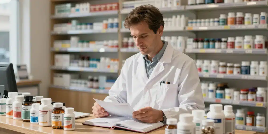 Creatina para mayores de 60, magnesio que no aparece en analíticas y vitamina D mal interpretada: un farmacéutico reordena el caótico mundo de los suplementos 1 Farmacéutico en bata blanca revisa un libro rodeado de suplementos de vitamina D, magnesio y creatina en una farmacia moderna