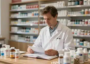 Creatina para mayores de 60, magnesio que no aparece en analíticas y vitamina D mal interpretada: un farmacéutico reordena el caótico mundo de los suplementos 3 Farmacéutico en bata blanca revisa un libro rodeado de suplementos de vitamina D, magnesio y creatina en una farmacia moderna