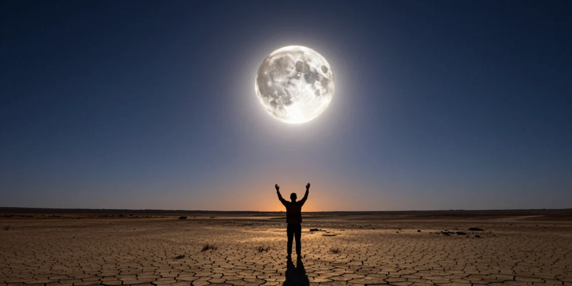 Los eclipses solares totales tienen fecha de caducidad: la Luna se aleja y el espectáculo más perfecto del cosmos terminará 1 Figura humana ante un eclipse solar total con corona solar visible y cielo crepuscular índigo sobre paisaje desértico