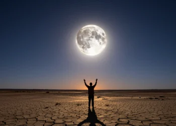 Los eclipses solares totales tienen fecha de caducidad: la Luna se aleja y el espectáculo más perfecto del cosmos terminará 6 Figura humana ante un eclipse solar total con corona solar visible y cielo crepuscular índigo sobre paisaje desértico