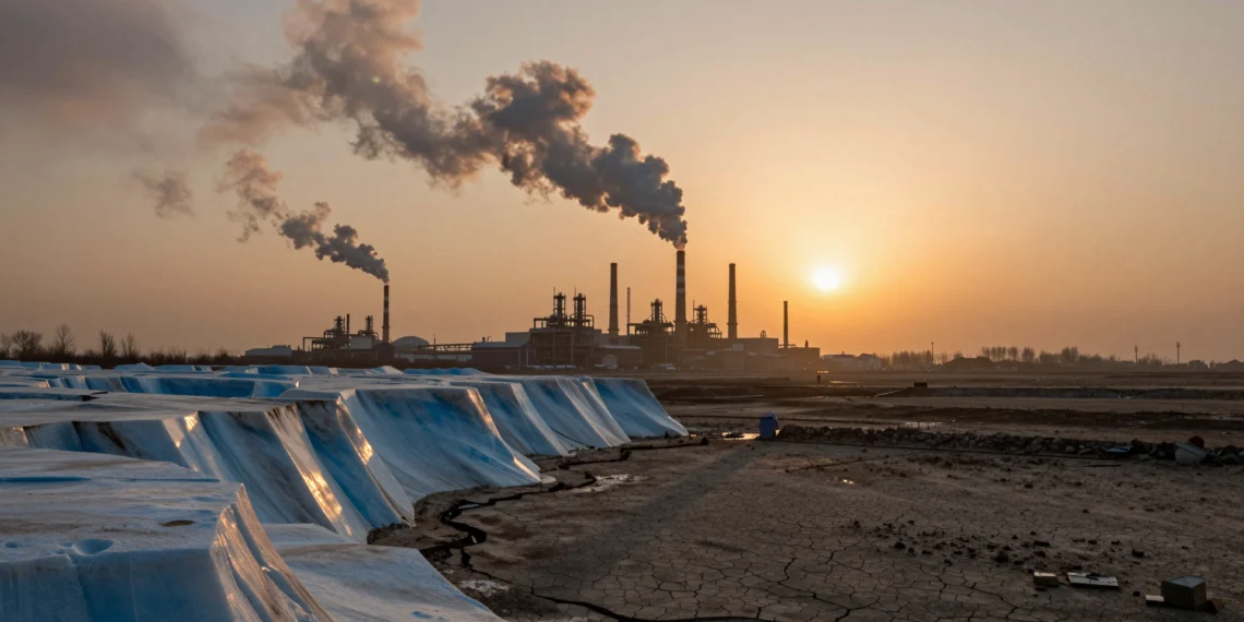Cien mil años de historia climática rota en dos siglos: lo que los datos revelan sobre el mundo que estamos dejando atrás 1 Núcleos de hielo antiguos frente a chimeneas industriales humeantes bajo un cielo ocre y tierra agrietada por la sequía