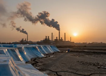 Cien mil años de historia climática rota en dos siglos: lo que los datos revelan sobre el mundo que estamos dejando atrás 1 Núcleos de hielo antiguos frente a chimeneas industriales humeantes bajo un cielo ocre y tierra agrietada por la sequía