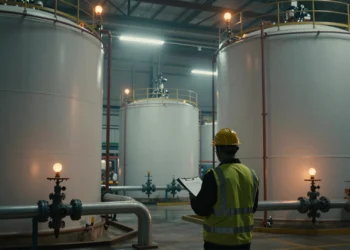 Décadas de regulación química en EE. UU. y nadie definió oficialmente qué es un «combustible» 8 Inspector de cumplimiento ante tanques químicos industriales en EE. UU., revisando normativas regulatorias
