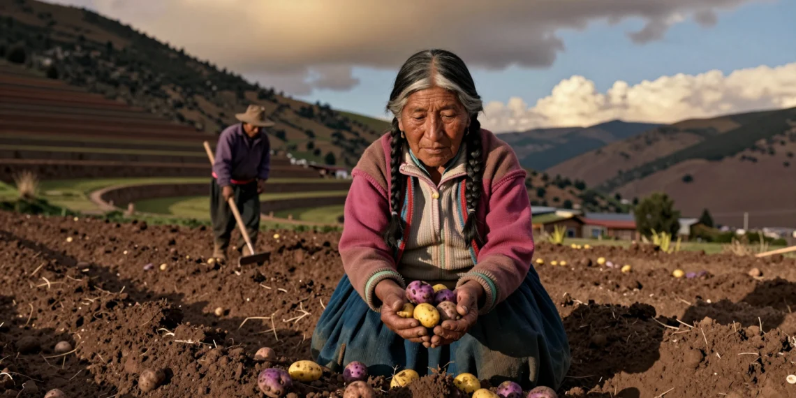 Comer papas durante miles de años dejó una huella permanente en el ADN de los pueblos andinos 1 Mujer quechua anciana sosteniendo papas nativas recién cosechadas en un campo andino de altura al atardecer
