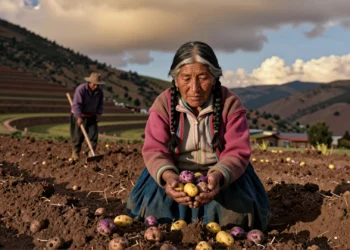 Comer papas durante miles de años dejó una huella permanente en el ADN de los pueblos andinos 7 Mujer quechua anciana sosteniendo papas nativas recién cosechadas en un campo andino de altura al atardecer