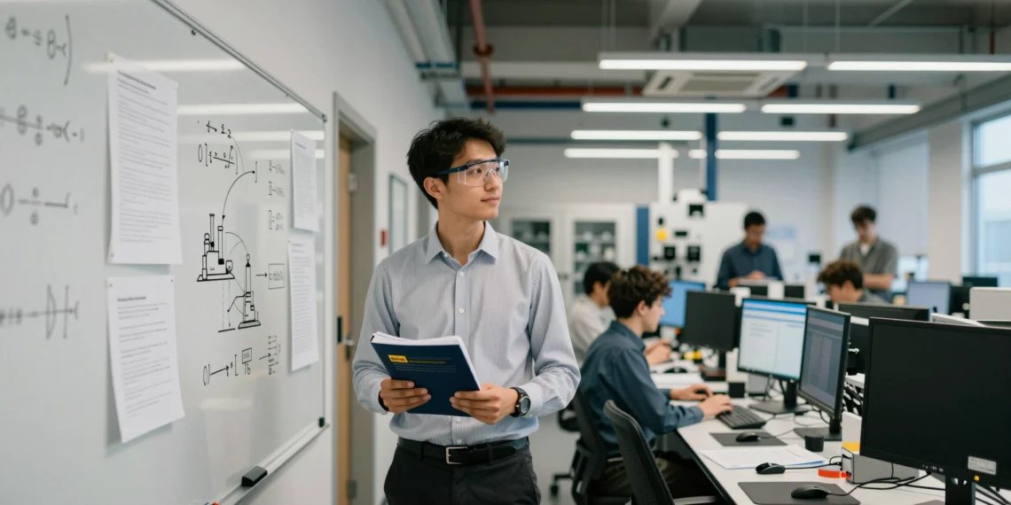 Estados Unidos lanza un programa doctoral que lleva a los estudiantes de ingeniería directamente a trabajar dentro de las empresas durante su tesis 1 Doctorando en ingeniería entre un laboratorio universitario y un entorno industrial, sosteniendo su tesis