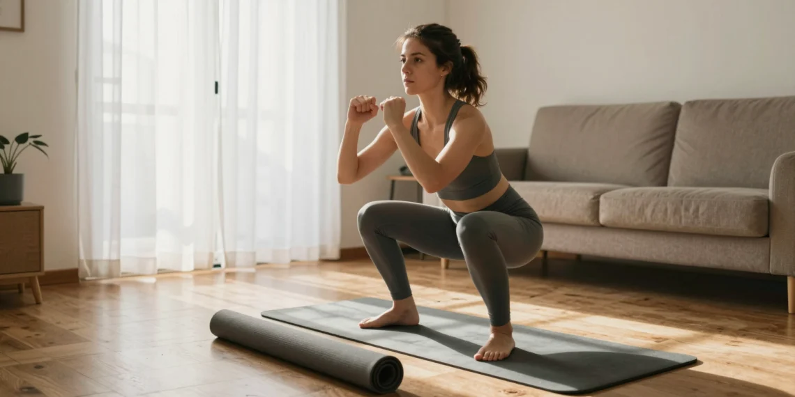 Cada vez más personas eligen el salón como su primer gimnasio: la guía de ejercicio para principiantes en casa que funciona de verdad 1 Mujer joven haciendo sentadillas sobre una esterilla en el salón de su casa, con luz natural de mañana