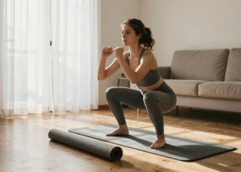 Cada vez más personas eligen el salón como su primer gimnasio: la guía de ejercicio para principiantes en casa que funciona de verdad 1 Mujer joven haciendo sentadillas sobre una esterilla en el salón de su casa, con luz natural de mañana