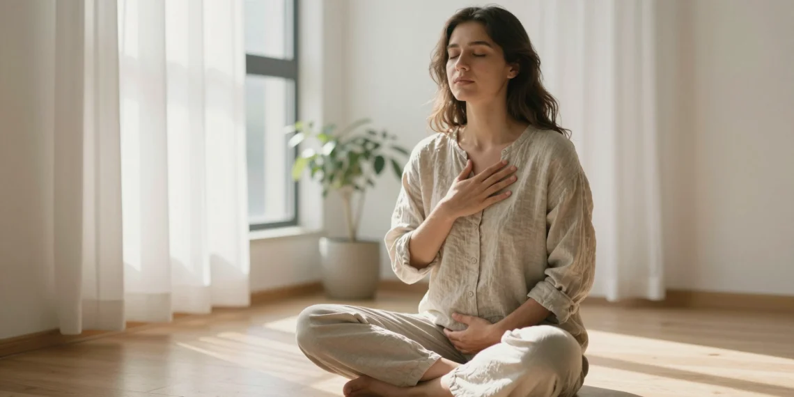 Cuando la ansiedad no cede, estas técnicas de relajación podrían cambiar cómo tu cuerpo responde al estrés 1 Mujer joven practicando respiración diafragmática sentada en el suelo con luz natural para aliviar la ansiedad