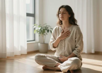 Cuando la ansiedad no cede, estas técnicas de relajación podrían cambiar cómo tu cuerpo responde al estrés 3 Mujer joven practicando respiración diafragmática sentada en el suelo con luz natural para aliviar la ansiedad