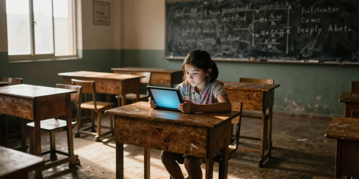 La tecnología en la educación lleva décadas prometiendo un aula sin fronteras, y ahora los datos muestran cuánto falta por recorrer 1 Niña de diez años sola en aula deteriorada de país en desarrollo, iluminada por la pantalla de una tableta digital