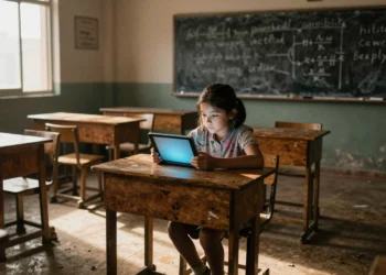 La tecnología en la educación lleva décadas prometiendo un aula sin fronteras, y ahora los datos muestran cuánto falta por recorrer 8 Niña de diez años sola en aula deteriorada de país en desarrollo, iluminada por la pantalla de una tableta digital