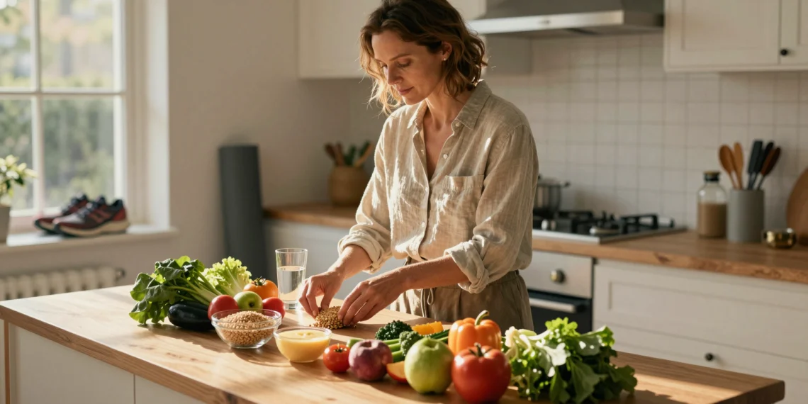 Hábitos saludables: las conductas diarias que marcan la diferencia entre prevenir o desarrollar enfermedades crónicas 1 Mujer preparando alimentos saludables con frutas, verduras y cereales en cocina luminosa al amanecer
