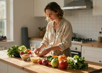 Hábitos saludables: las conductas diarias que marcan la diferencia entre prevenir o desarrollar enfermedades crónicas 1 Mujer preparando alimentos saludables con frutas, verduras y cereales en cocina luminosa al amanecer