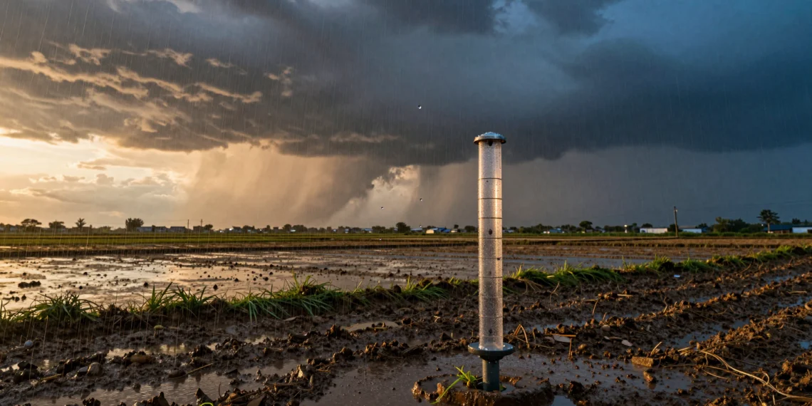 Gotas que no son lágrimas, lluvias que moldean civilizaciones: lo que la ciencia revela sobre el agua que cae del cielo 1 Gotas de lluvia esféricas congeladas en el aire sobre campos de arroz inundados al atardecer, con nubes cumulonimbus al fondo
