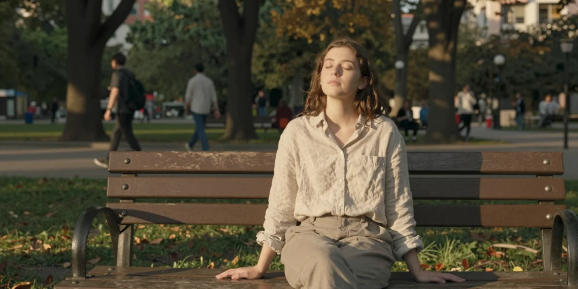 Bienestar emocional: mucho más que sentirse bien, y la ciencia explica por qué cambia todo lo que haces cada día 1 Mujer joven en un banco de parque al atardecer, ojos cerrados, expresión serena, transmitiendo calma y bienestar emocional