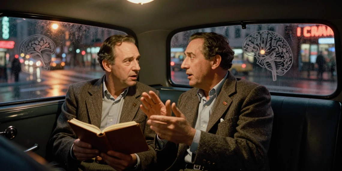 Décadas de ciencia separada y un taxi en Nueva York: así nació la disciplina que descifra cómo piensa el cerebro humano 1 Dos científicos conversan en un taxi de Nueva York años 70, con ilustraciones de un cerebro humano en la ventanilla