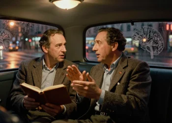 Décadas de ciencia separada y un taxi en Nueva York: así nació la disciplina que descifra cómo piensa el cerebro humano 4 Dos científicos conversan en un taxi de Nueva York años 70, con ilustraciones de un cerebro humano en la ventanilla