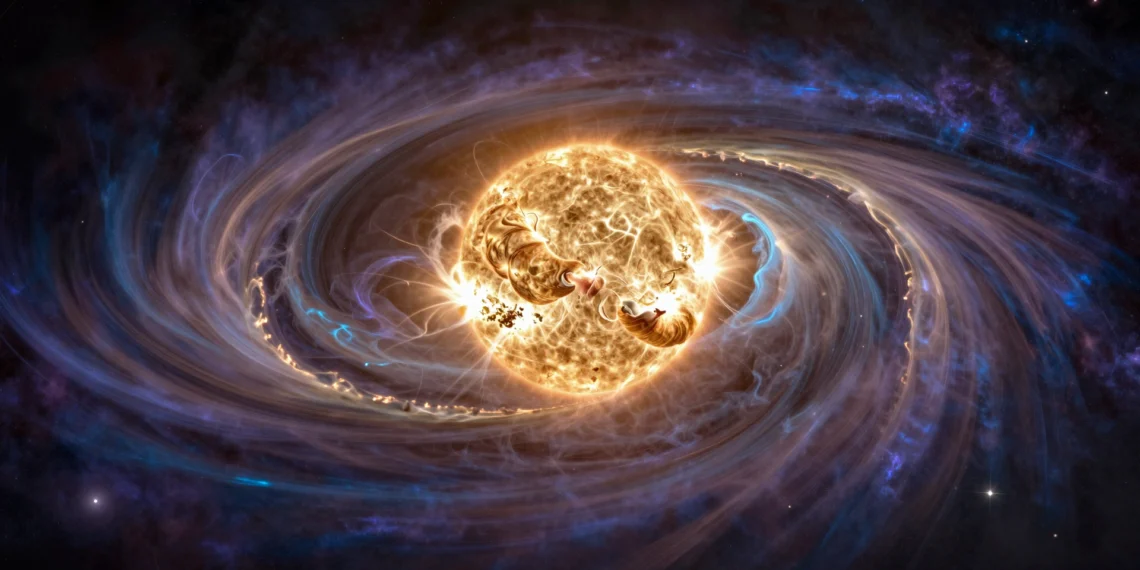 Durante décadas los científicos imaginaron la heliosfera como un cometa, hasta que los datos revelaron una forma completamente inesperada 1 Ilustración conceptual de la heliosfera con forma asimétrica irregular rodeando el Sol en el espacio interestelar profundo