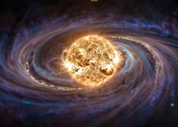 Durante décadas los científicos imaginaron la heliosfera como un cometa, hasta que los datos revelaron una forma completamente inesperada 10 Ilustración conceptual de la heliosfera con forma asimétrica irregular rodeando el Sol en el espacio interestelar profundo