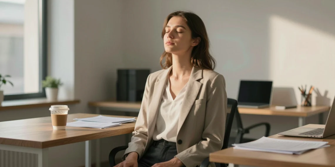 Cuatro técnicas de relajación rápidas que la ciencia respalda para calmar el estrés en minutos 1 Mujer joven relajándose en su escritorio con ojos cerrados, practicando técnicas de respiración para reducir el estrés