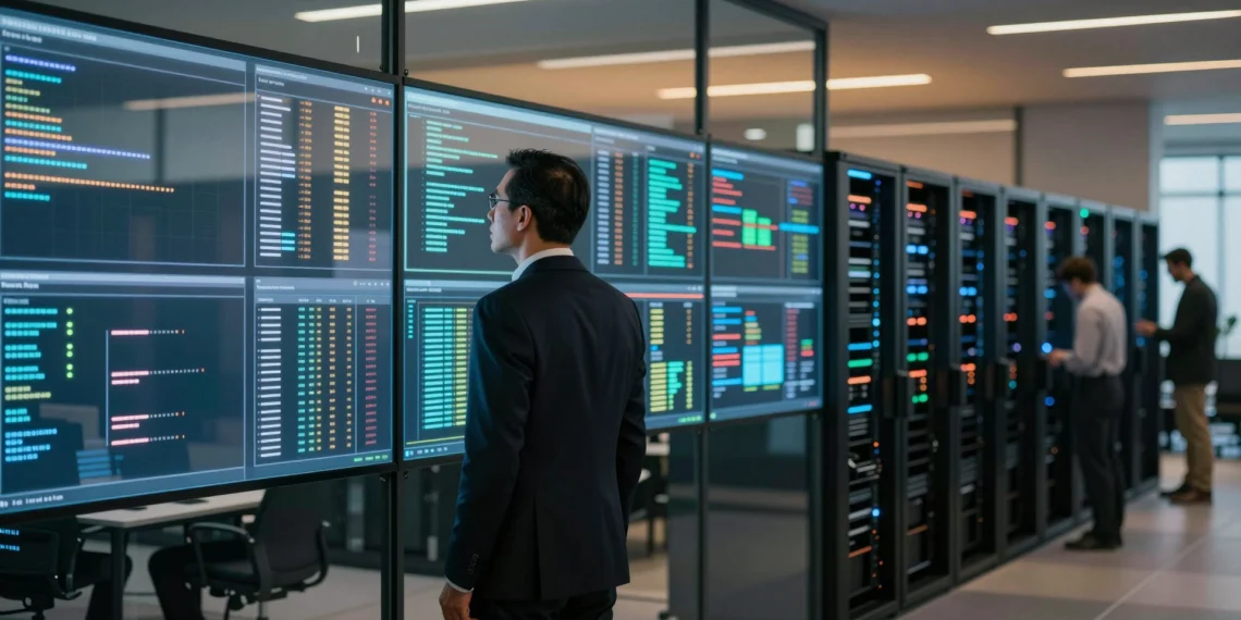 Solo las empresas que dominan sus datos logran que la IA agéntica funcione de verdad, según un estudio con 300 ejecutivos tecnológicos 1 Ejecutivo analiza paneles de datos parcialmente apagados en oficina tecnológica, simbolizando el acceso incompleto a datos