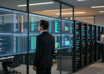 Solo las empresas que dominan sus datos logran que la IA agéntica funcione de verdad, según un estudio con 300 ejecutivos tecnológicos 4 Ejecutivo analiza paneles de datos parcialmente apagados en oficina tecnológica, simbolizando el acceso incompleto a datos