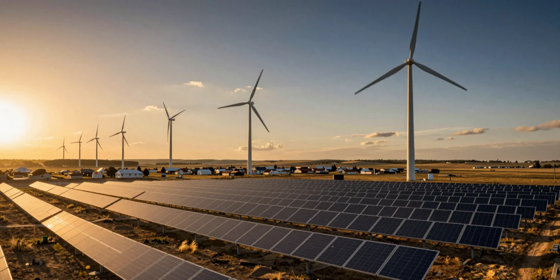 Más baratas, más limpias y presentes en cualquier rincón del planeta: las energías renovables redefinen cómo el mundo se abastece de electricidad 1 Paneles solares y aerogeneradores en un paisaje rural al atardecer, simbolizando la transición energética global