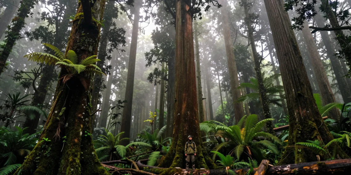 Buscaban árboles gigantes en las montañas de Taiwán y encontraron uno de los ecosistemas más ricos en carbono del mundo 1 Investigador diminuto junto al tronco colosal de un árbol Taiwania en los bosques de montaña de Taiwán