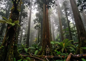 Buscaban árboles gigantes en las montañas de Taiwán y encontraron uno de los ecosistemas más ricos en carbono del mundo 9 Investigador diminuto junto al tronco colosal de un árbol Taiwania en los bosques de montaña de Taiwán