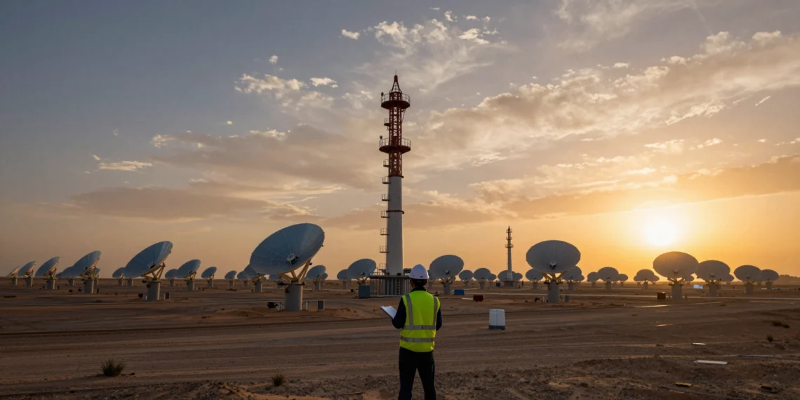 China anuncia 15 GW de solar termoeléctrica para 2030, pero sus propias palabras revelan algo muy distinto a un compromiso firme 1 Ingeniero analiza una planta termosolar de torre central con heliostatos en un desierto chino al atardecer