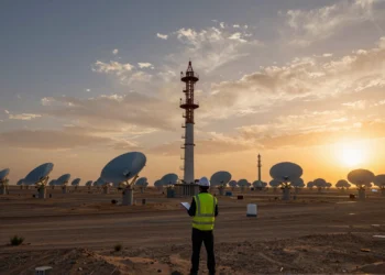 China anuncia 15 GW de solar termoeléctrica para 2030, pero sus propias palabras revelan algo muy distinto a un compromiso firme 7 Ingeniero analiza una planta termosolar de torre central con heliostatos en un desierto chino al atardecer